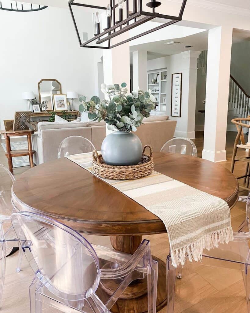 Round Dining Table with Beige and White Patterned Runner