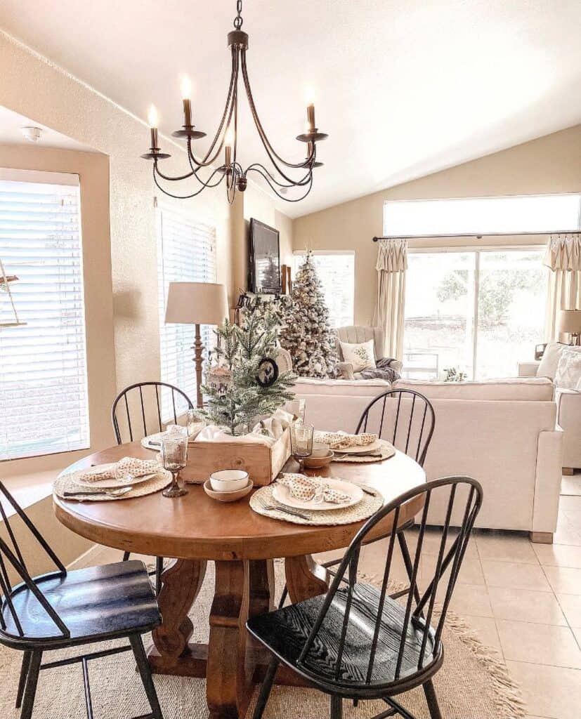 Round Dining Table with Small Pine Tree Centerpiece