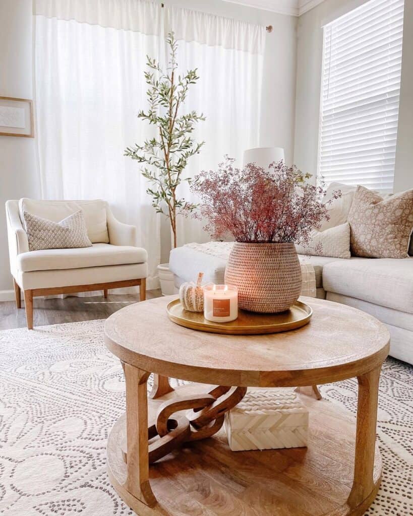 Round Rustic Coffee Table in Neutral Living Room