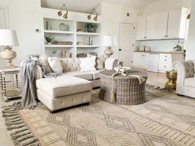 Round Wicker Coffee Table in White Living Room