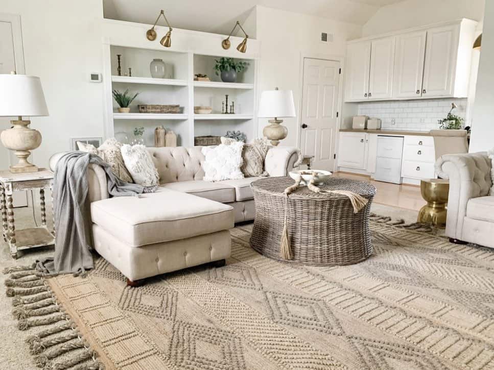 Round Wicker Coffee Table in White Living Room