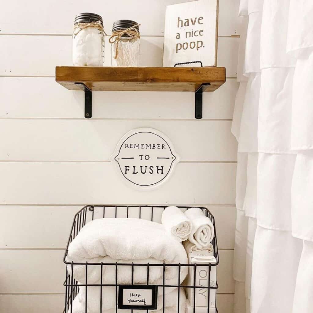 Ruffled Shower Curtain and Bath Sign Decor