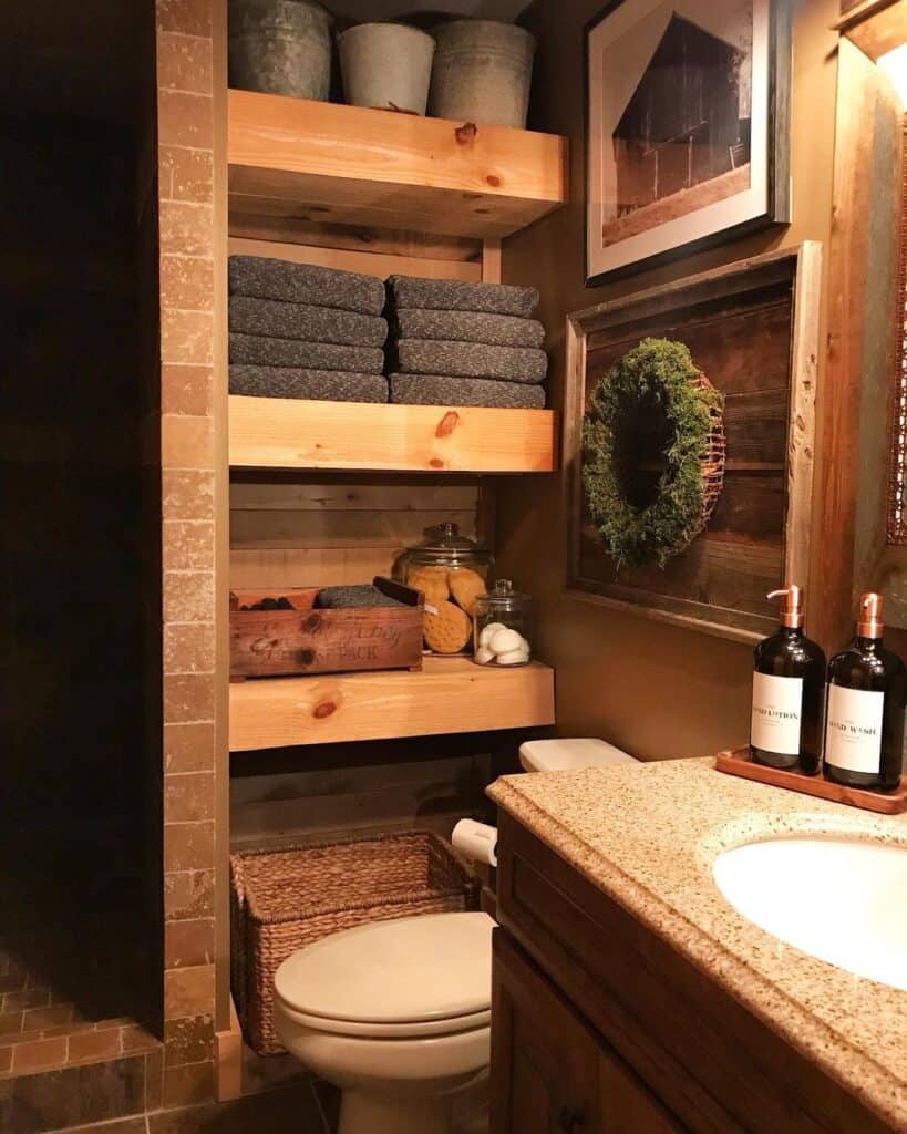 Rustic Bathroom with Wood Towel Shelves