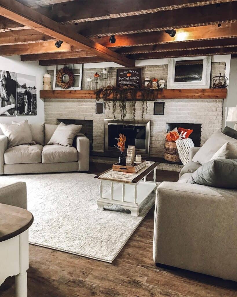 Rustic Beams in Grey Couch Living Room