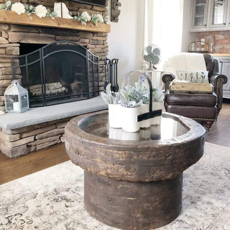 Rustic Brown Glass Coffee Table on a White Rug