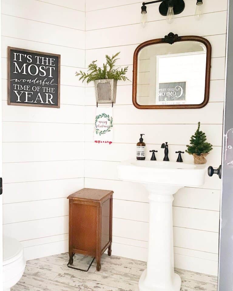 Rustic Decor and White Pedestal Sink