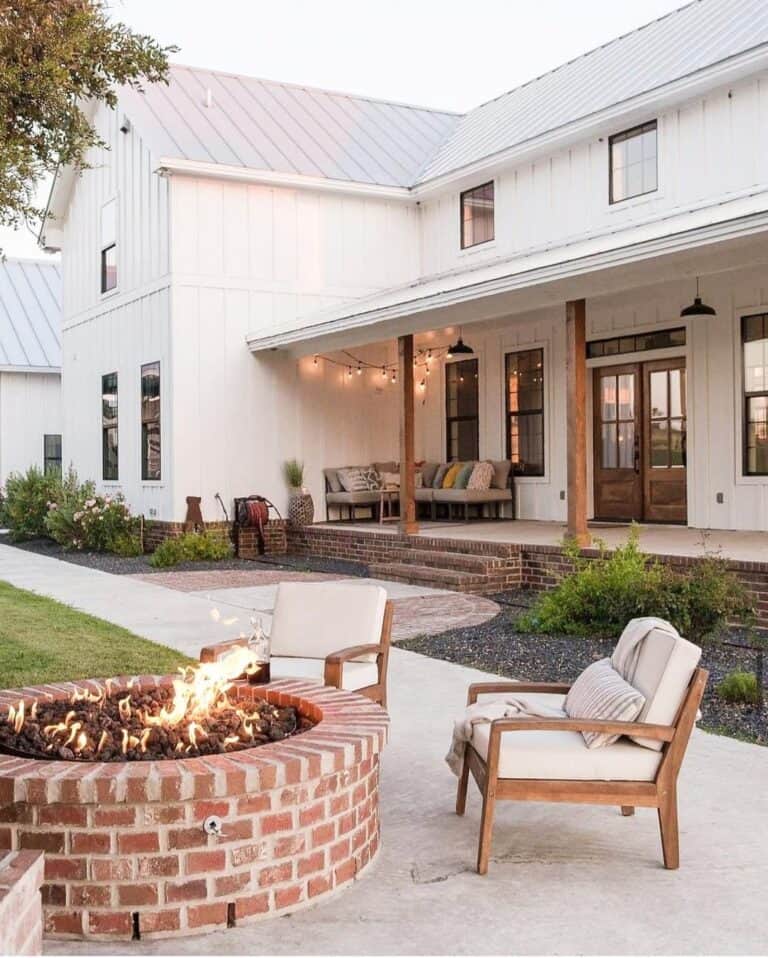 Rustic Farmhouse Outdoor Lighting and a Red Brick Firepit