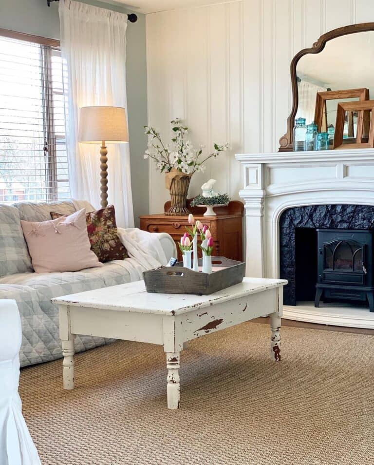 Rustic Living Room with White Fireplace