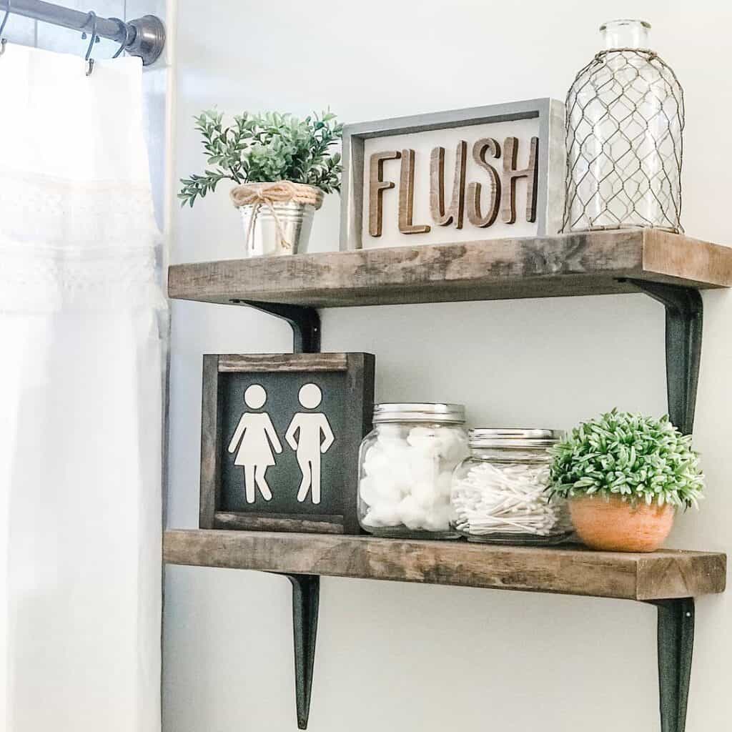 Rustic Shelves with Farmhouse Bathroom Decor Signs