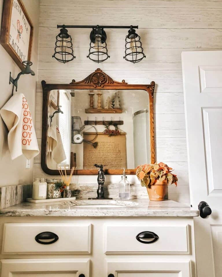 Rustic Shiplap Bathroom with Vintage Mirror