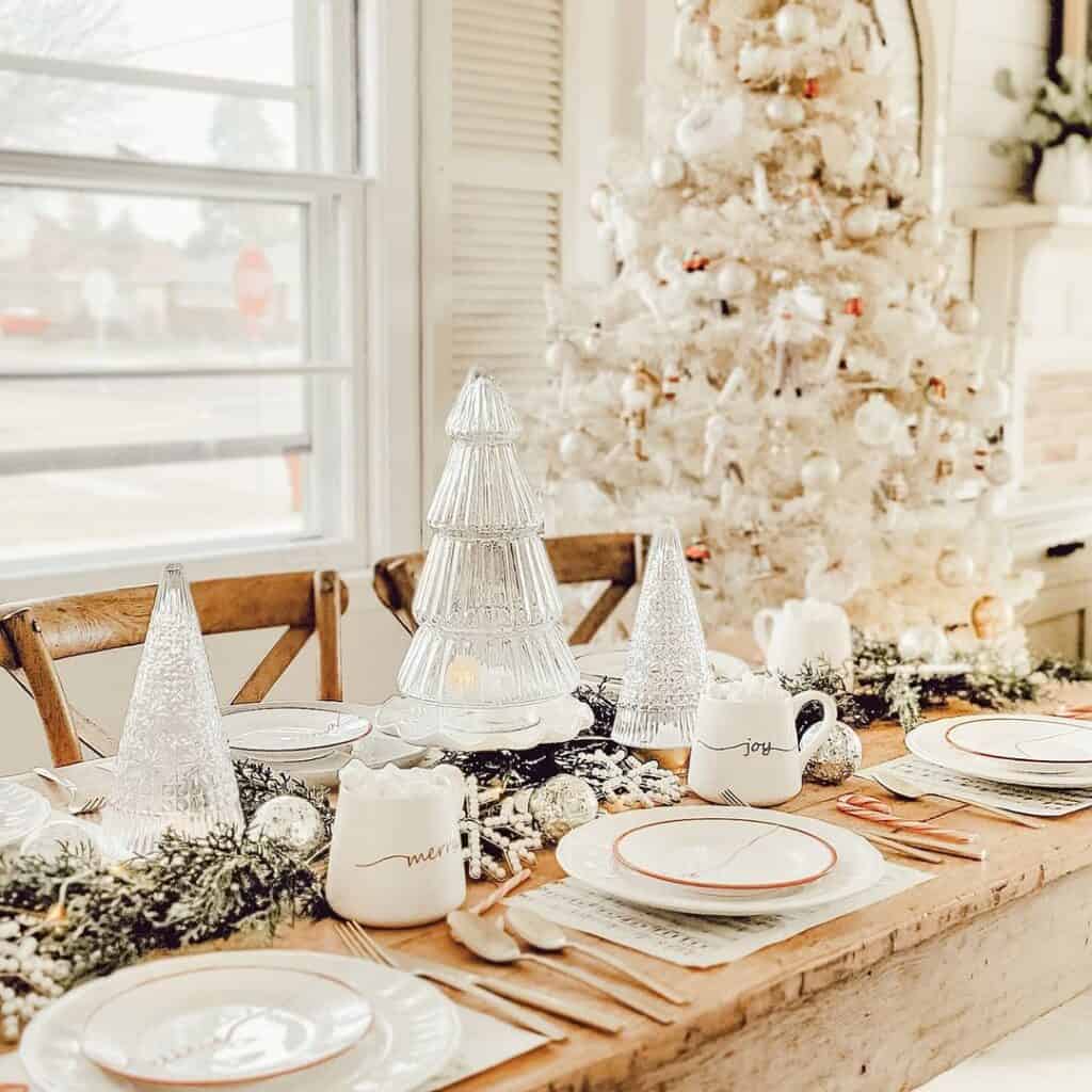 Rustic Wood Dining Table with Textured Glass Tree Decorations
