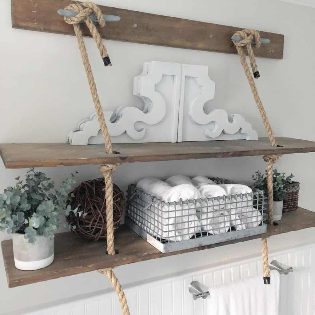 Rustic Wood and Rope Bathroom Towel Shelf