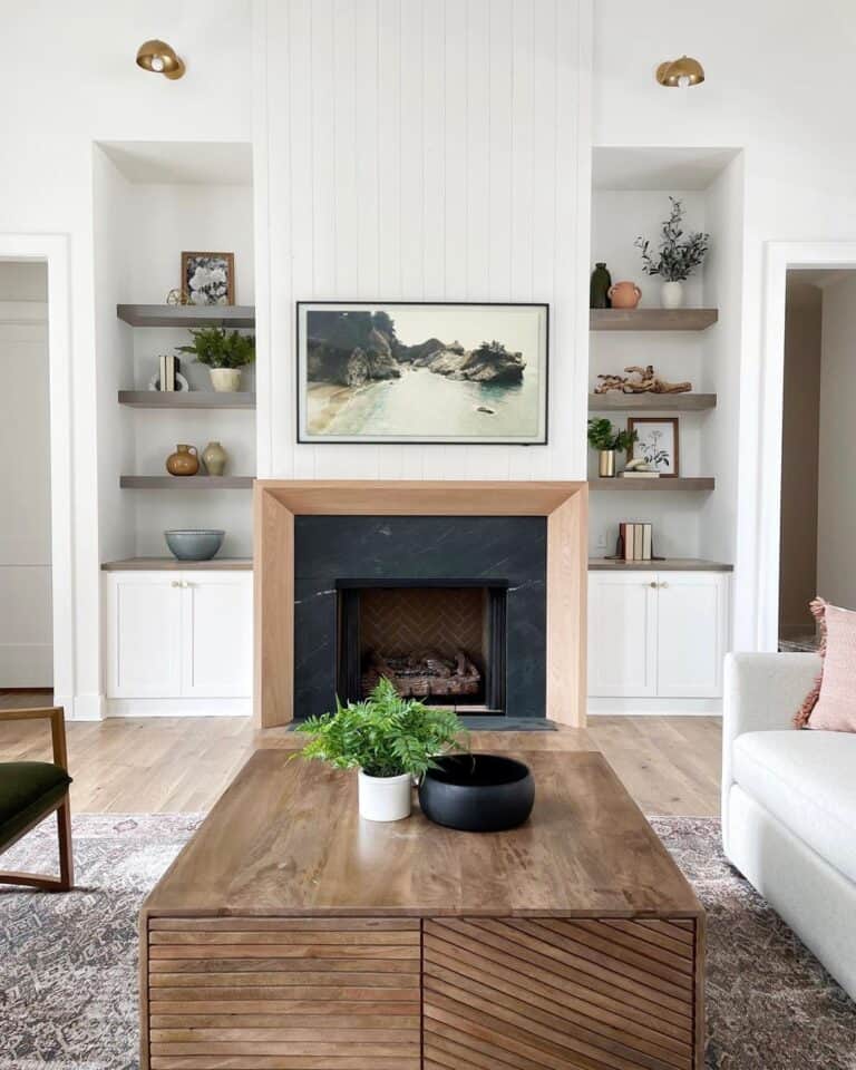 Seascape on a Vertical White Shiplap Fireplace