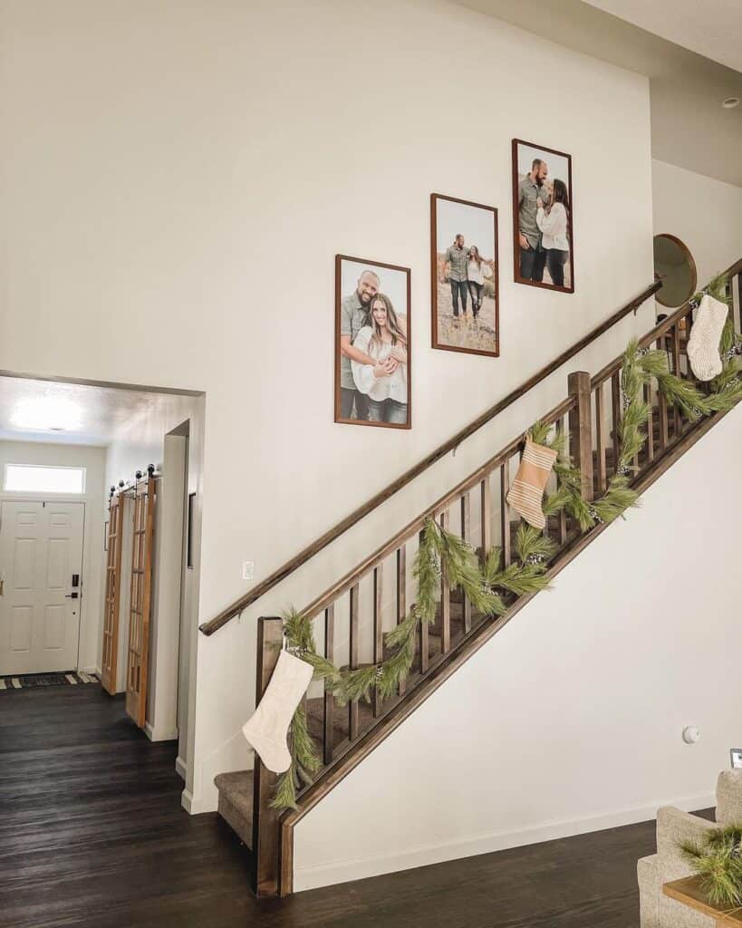 Seasonal Decorations on Wood Banister Staircase