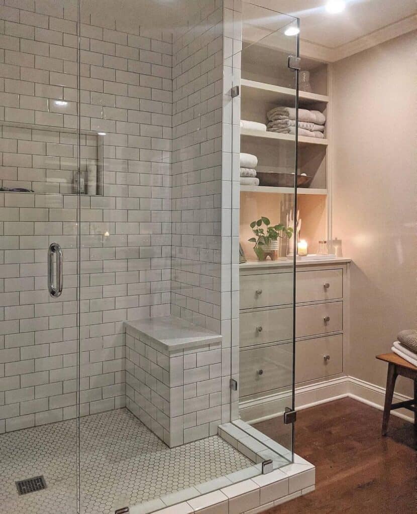 Shelving Unit Beside Shower with Bench
