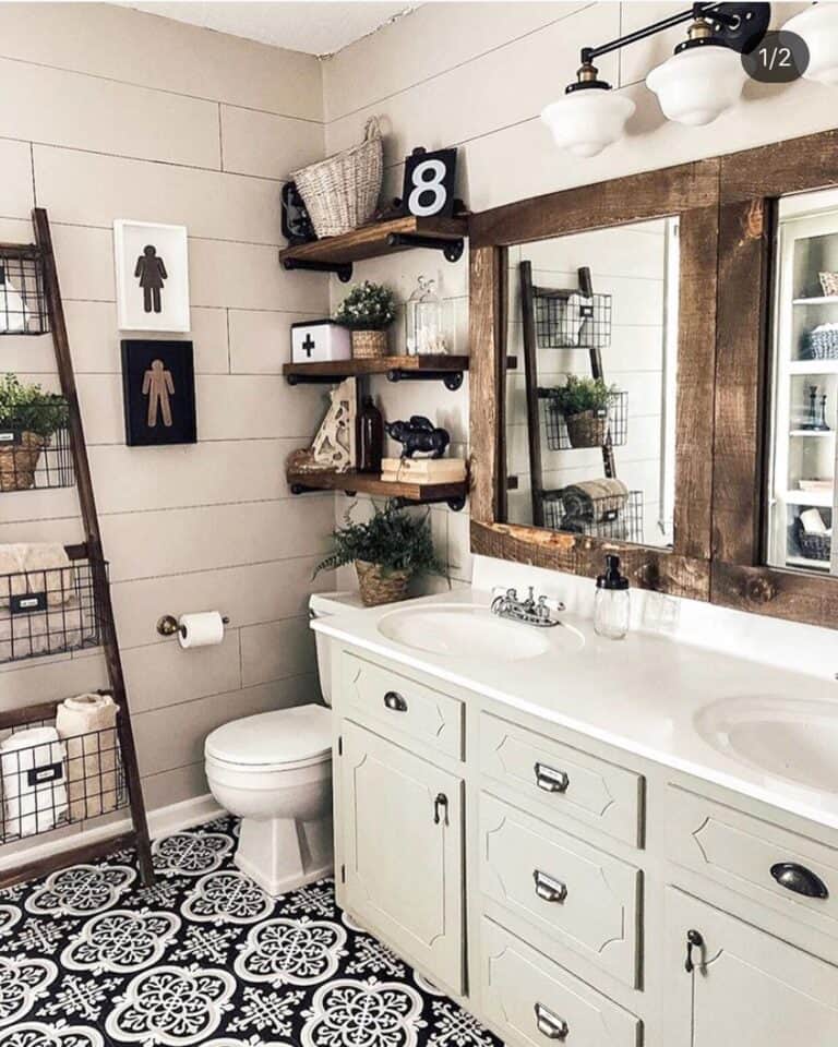 Shiplap Bathroom with White Countertops