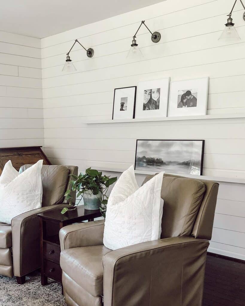 Shiplap Living Room with Swing Arm Sconces