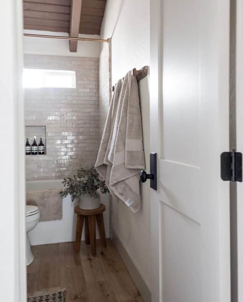 Shower Window in Wood Ceiling Bathroom