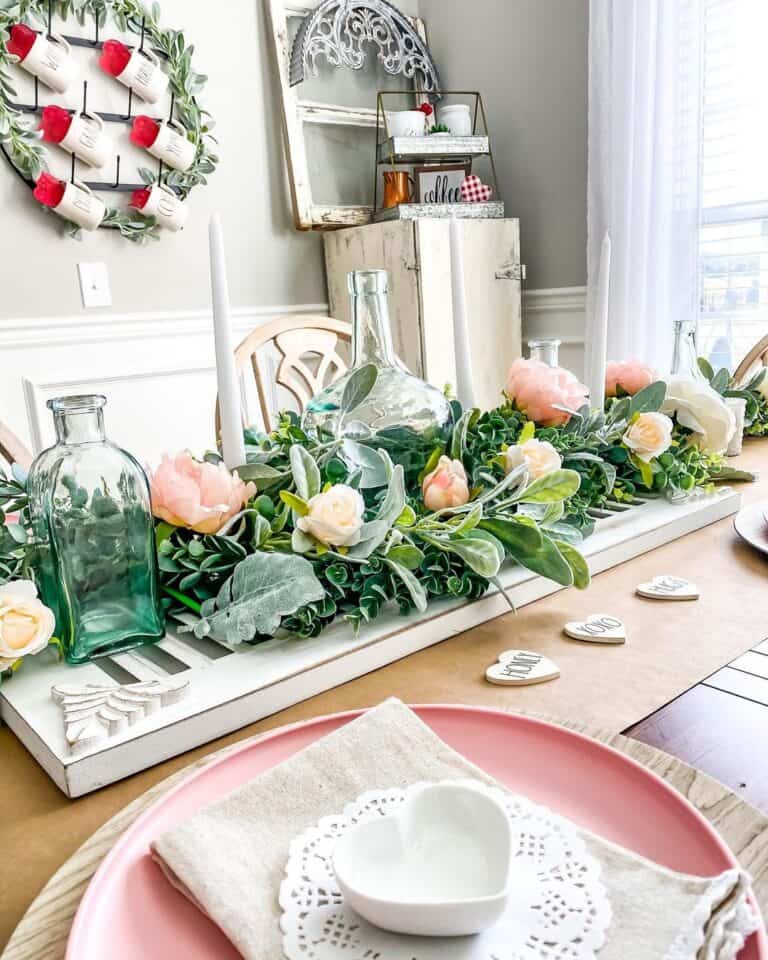 Shutter Centerpiece with Green Garlands and Pink Peonies