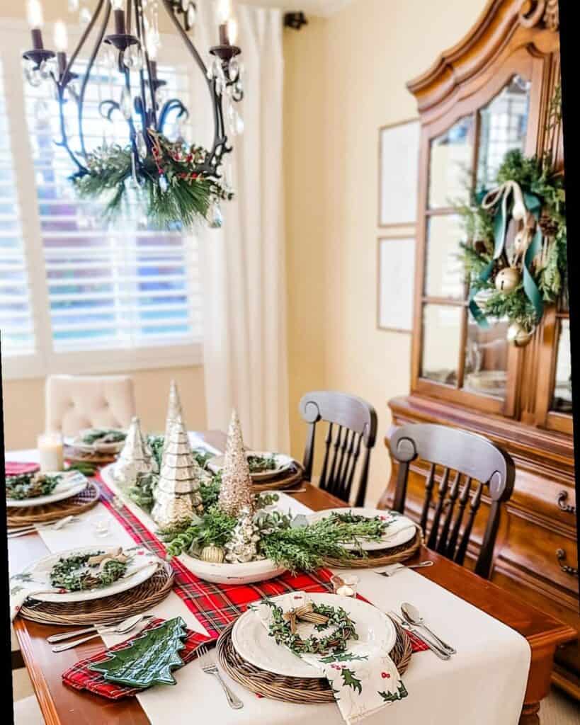 Silver Christmas Tree Centerpiece with Red and Green Plaid Runner