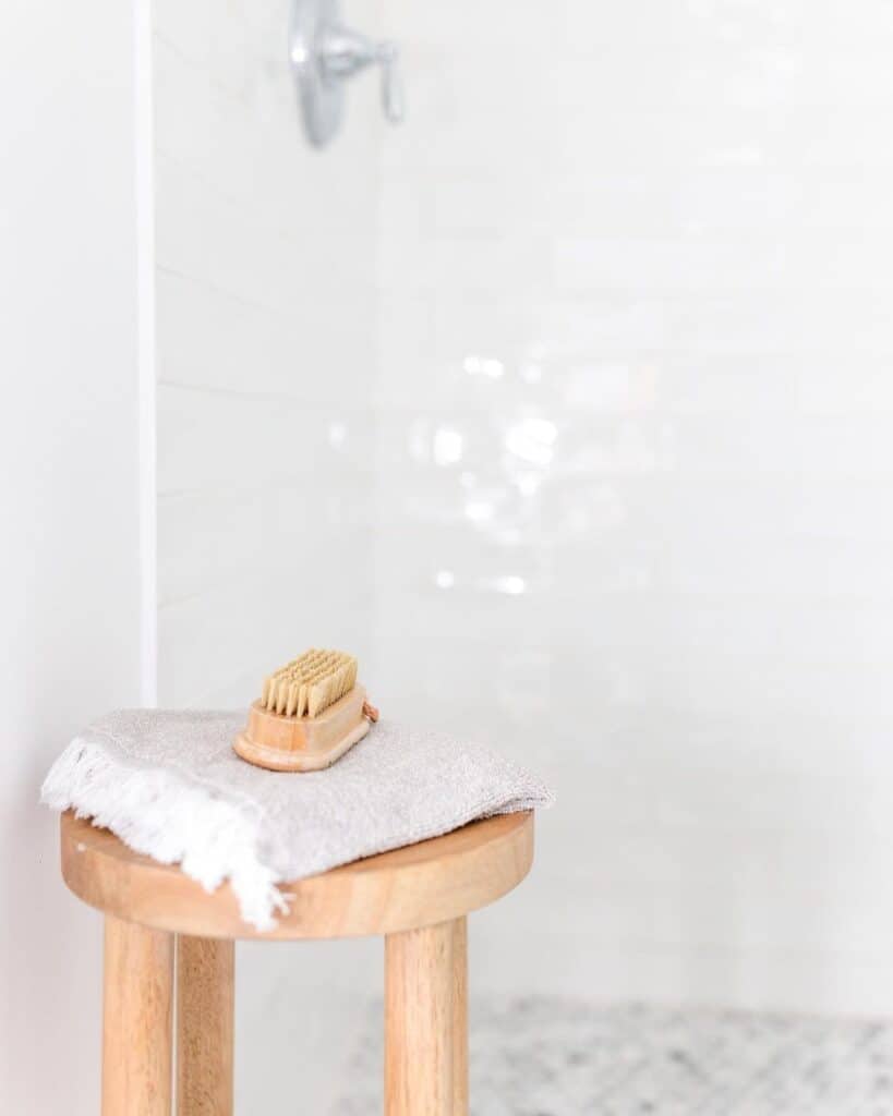 Single Wood Stool in Chrome Faucet Shower