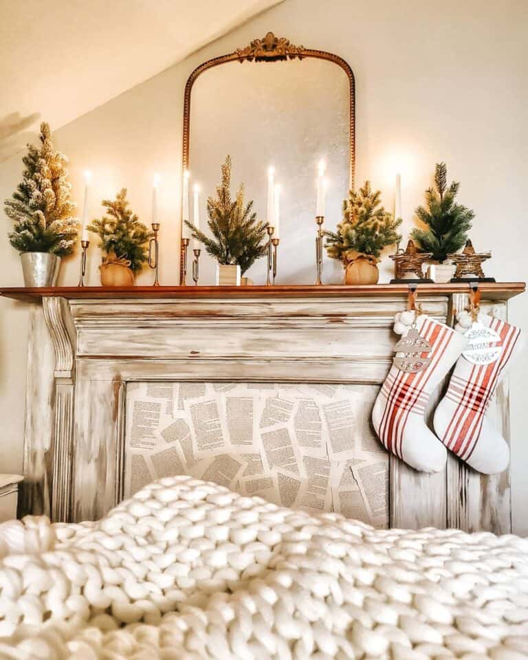 Small Pine Trees and Stockings on a Wood Mantel