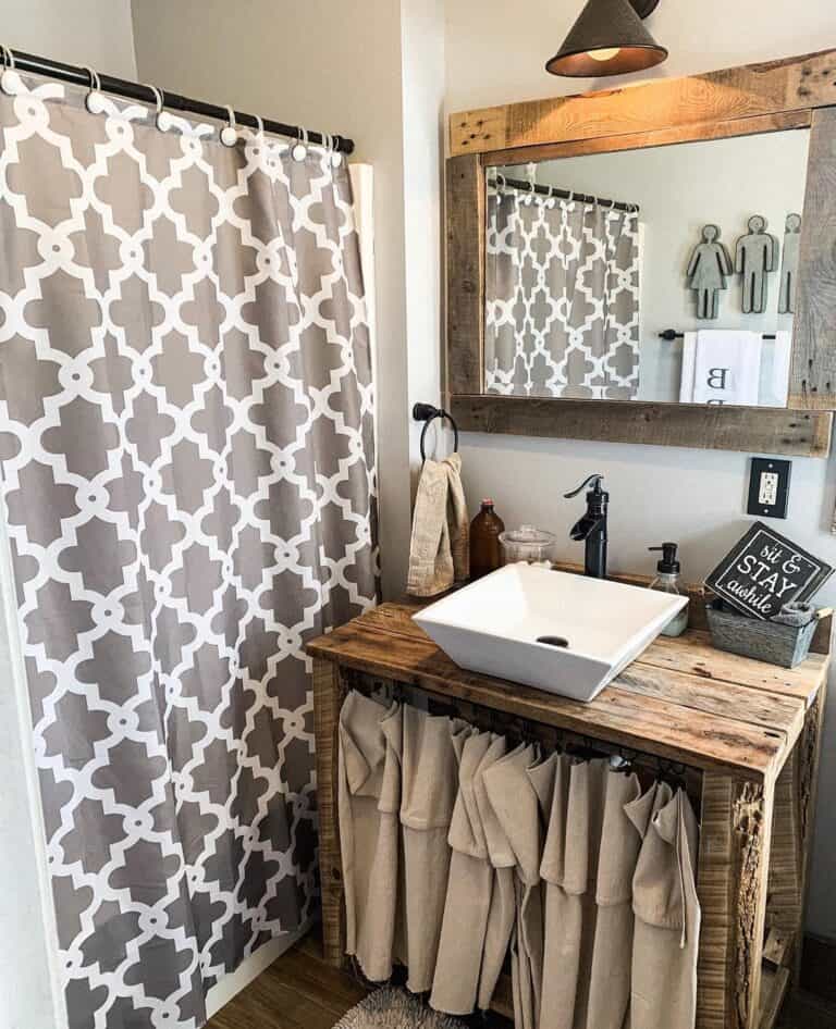 Solid Wood Vanity with Taupe Curtain Skirt