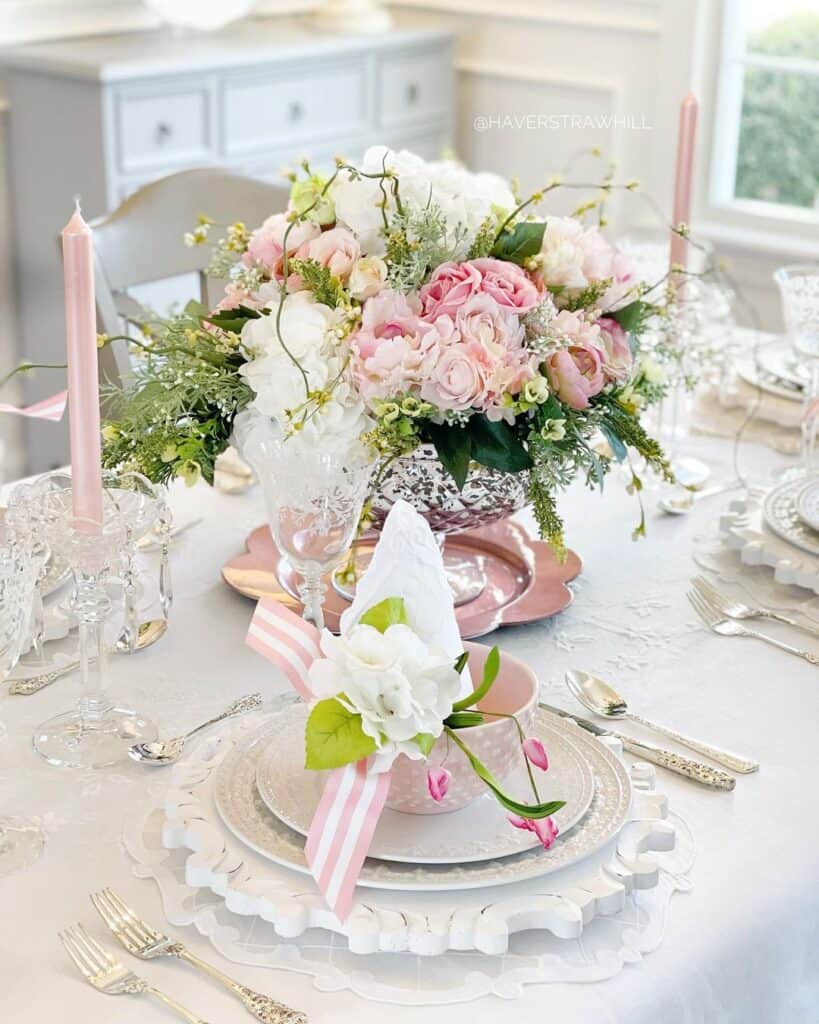 Spring Dining Table Centerpiece with Pink and White Flowers