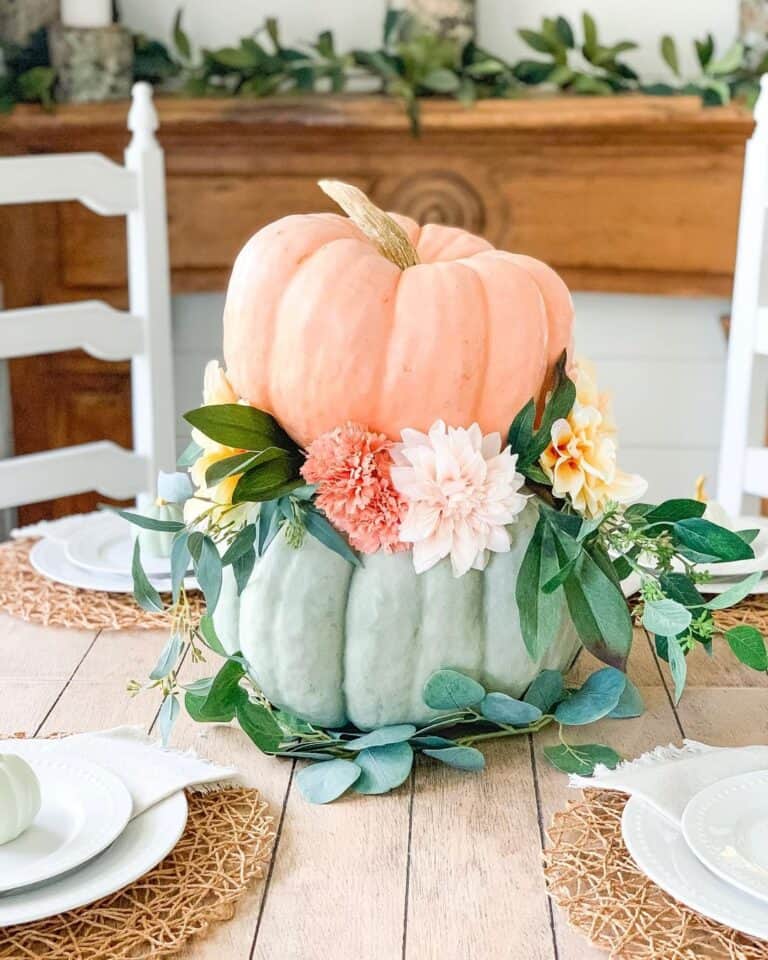 Stacked Pumpkin Centerpiece in Fall Decorated Dining Room