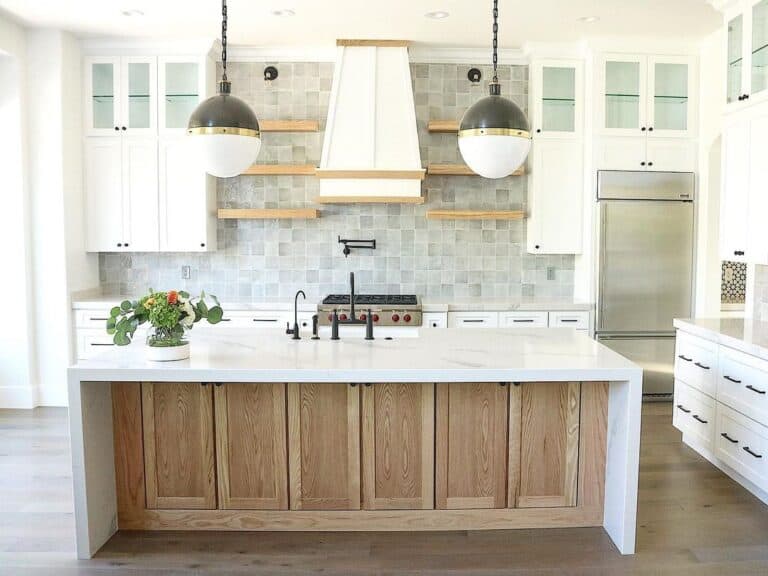 Stained Wood Waterfall Kitchen Island