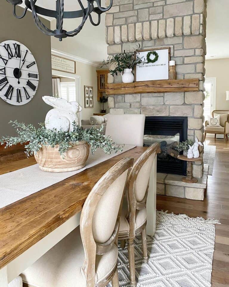 Stone Column Fireplace in Dining Room