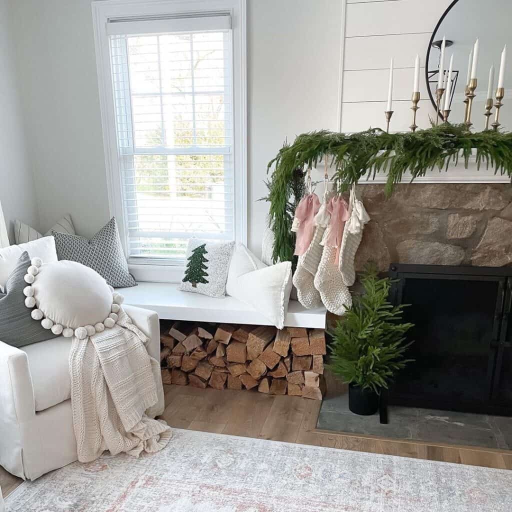 Stone Fireplace Draped in Pine Garland