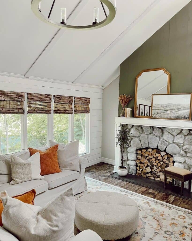 Stone Fireplace on Olive Accent Wall