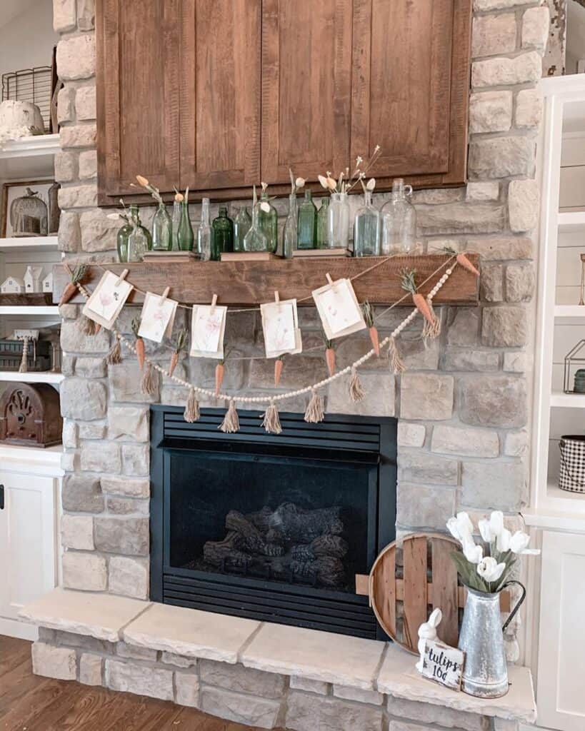 Stone Fireplace with Bottles and Bunting