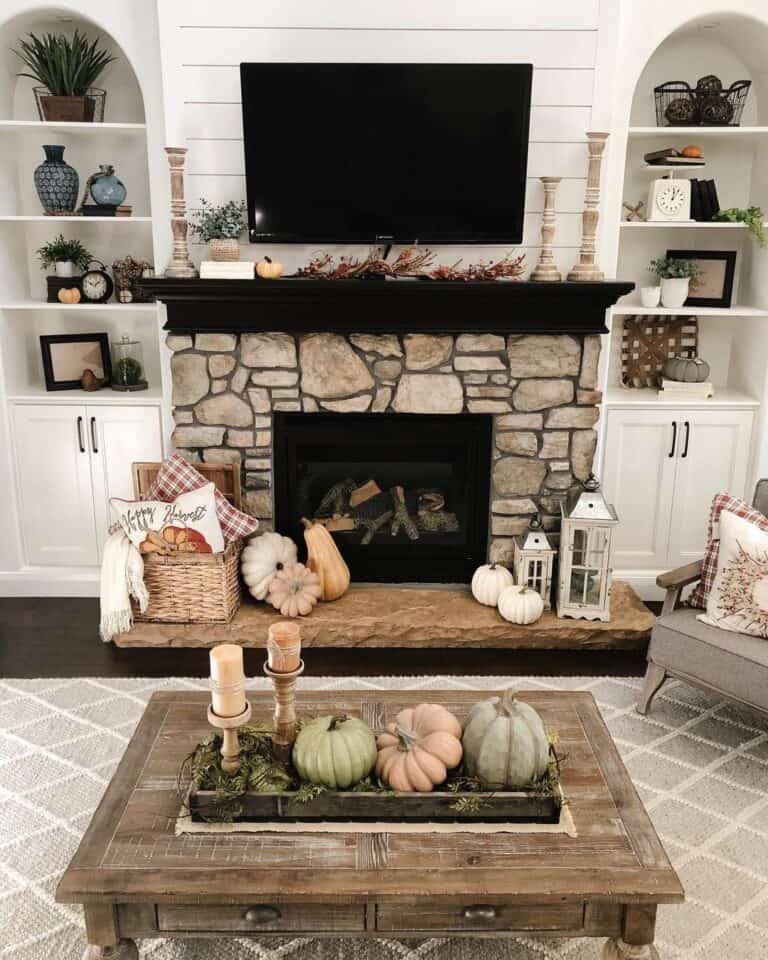 Stone Fireplace with Rustic Coffee Table
