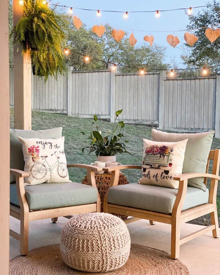 String Lights and a Heart Garland Over a Patio