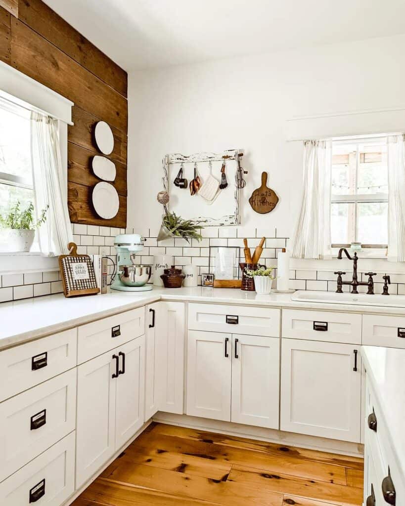 Subway Tile Backsplash with Wood Accent Wall