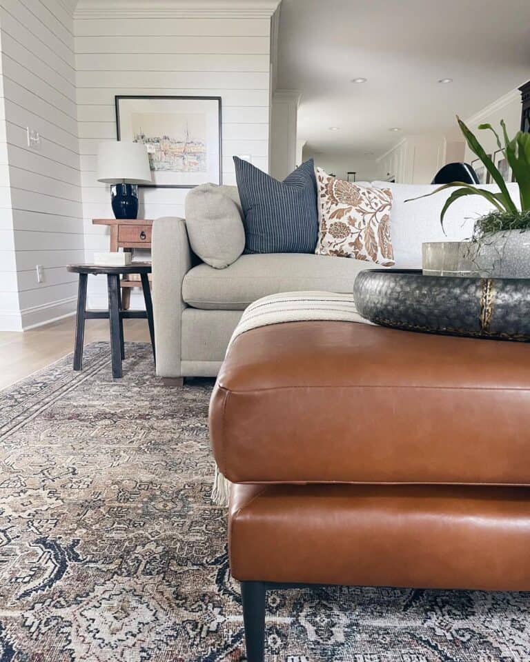 Tan Leather Ottoman in Living Room