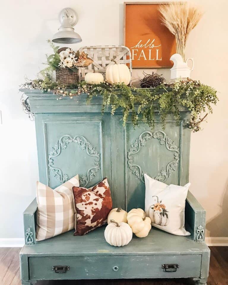 Teal Bench with Fall Décor