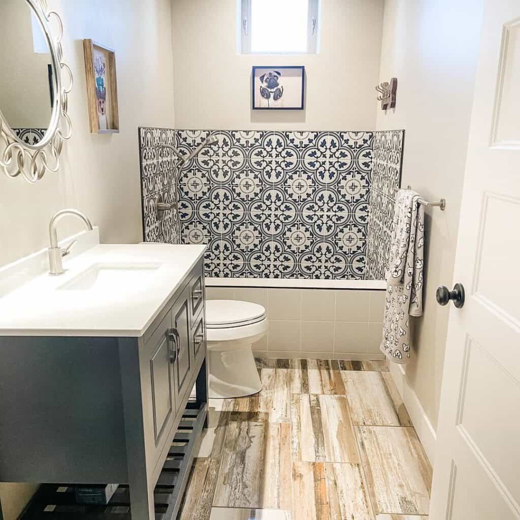 Tiled Dog Bath Below Shower Window