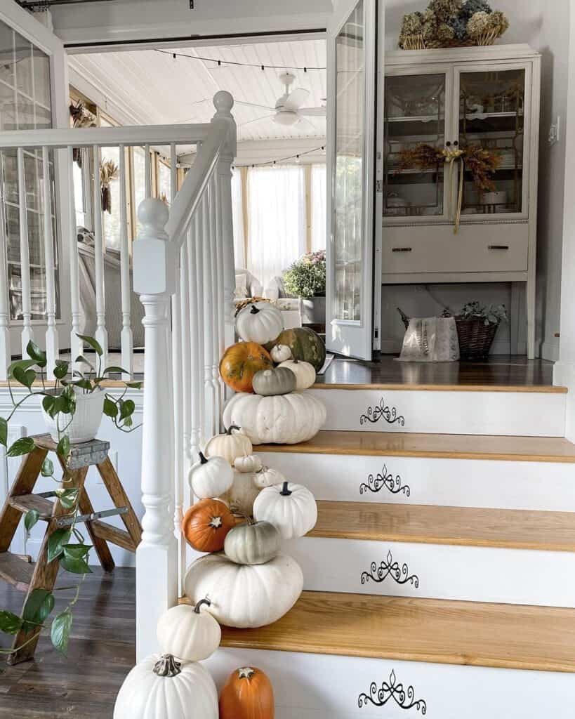 Tricolor Pumpkins Displayed on the Stairs