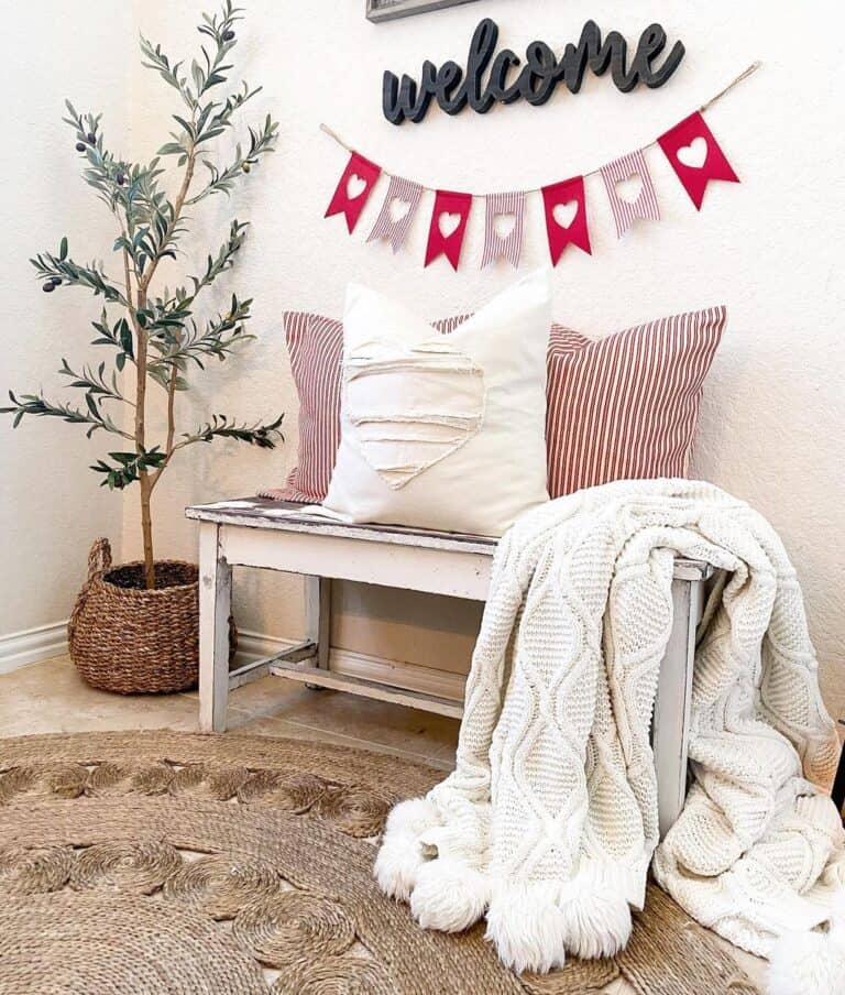 Valentine's Day Décor on Entryway Bench