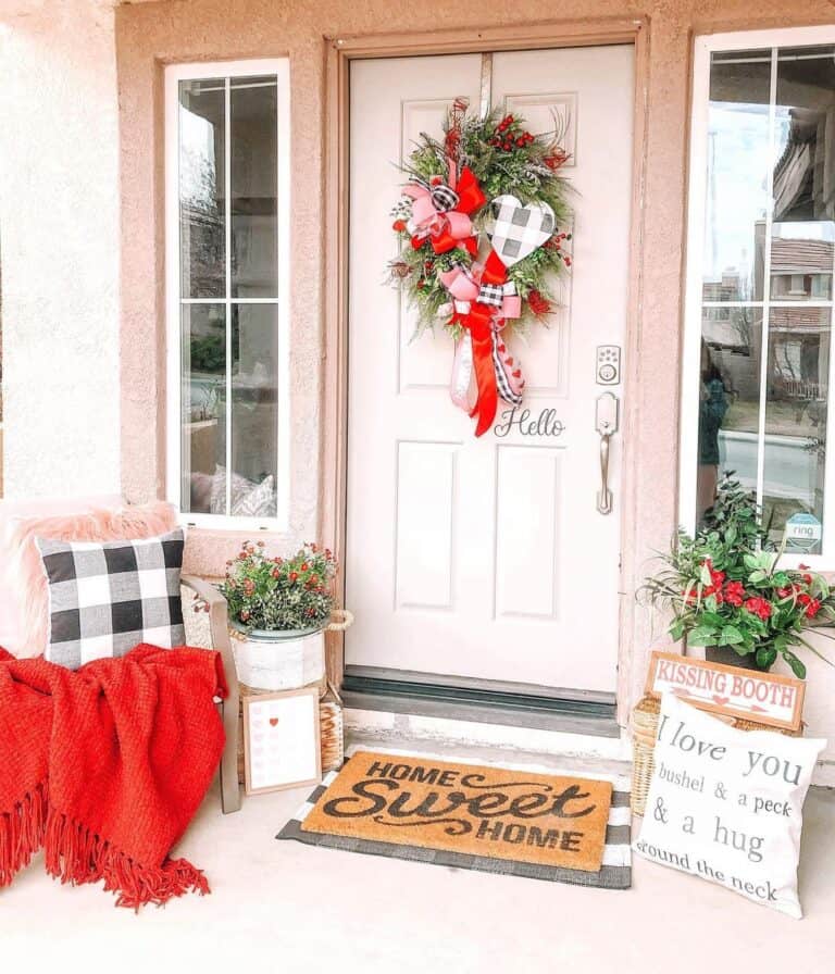 Valentine's Day Wreath on a Pink Front Door With Sidelights