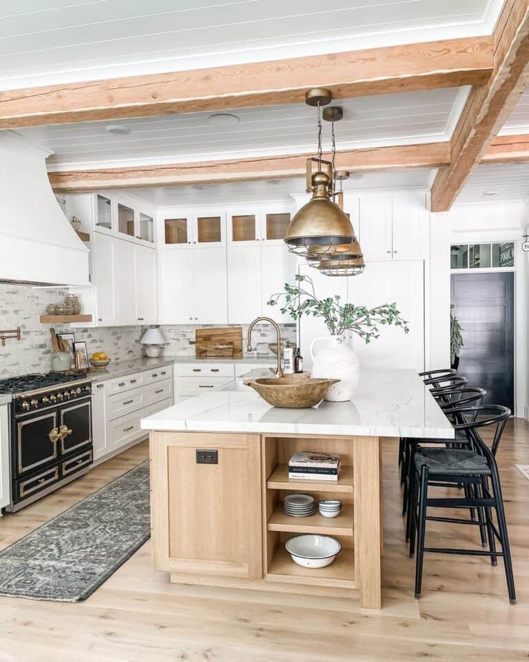 Vintage Brass Lighting Suspended from Ceiling Beams