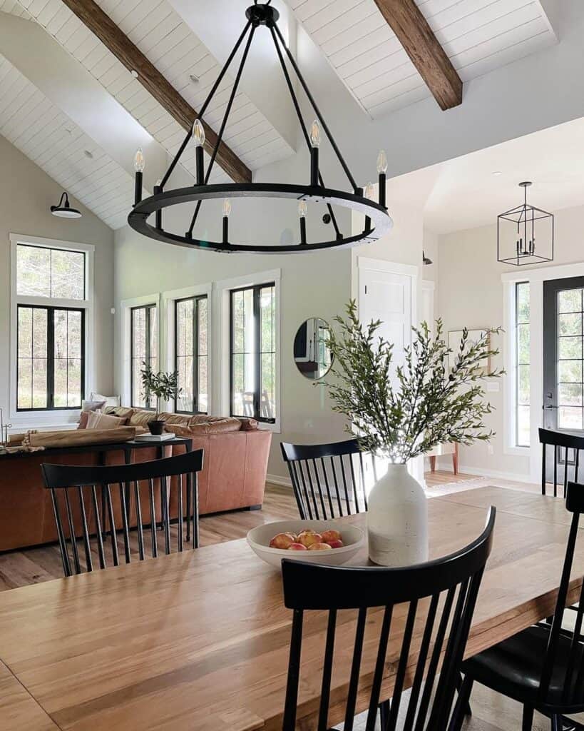 Wagon Wheel Chandelier Above Wooden Table
