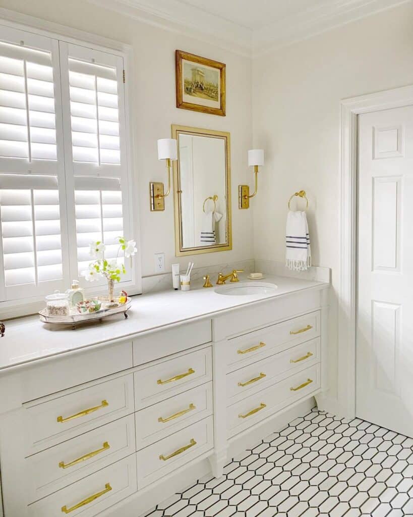 White Bathroom Cabinets With Bronze Drawer Handles