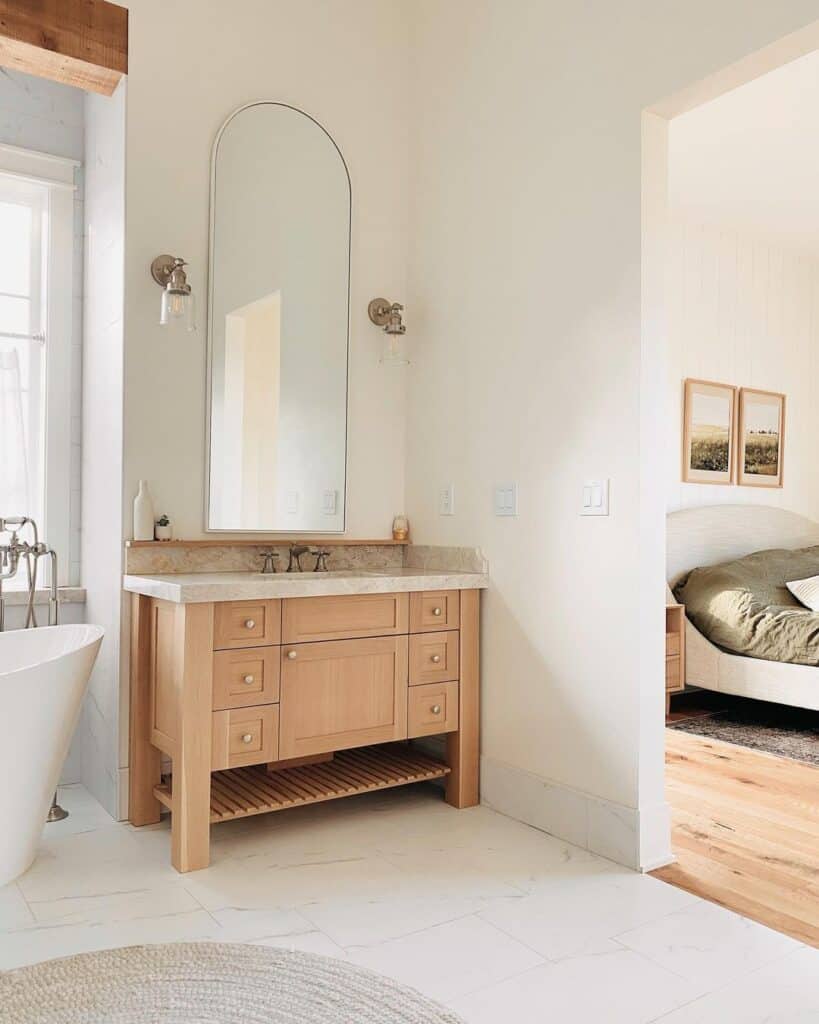 White Bathroom with Rustic Wood Vanity