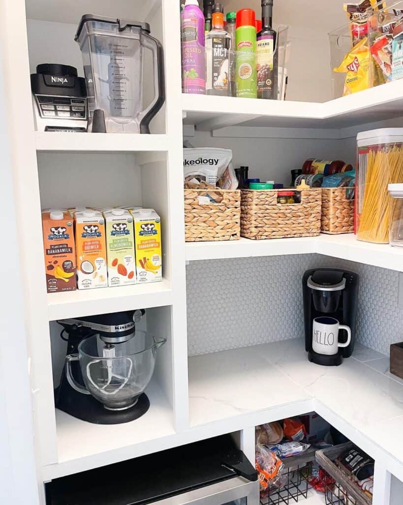 White Built-in Modular Pantry Shelves with Tile Backsplash