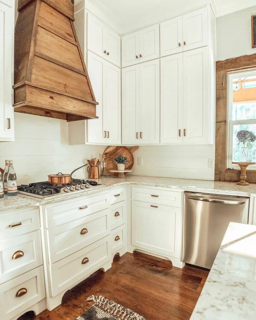 White Cabinets with Wood Range Hood