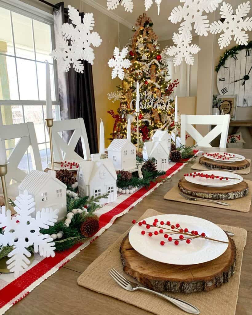 White Christmas Village Centerpiece with Hanging Snowflakes